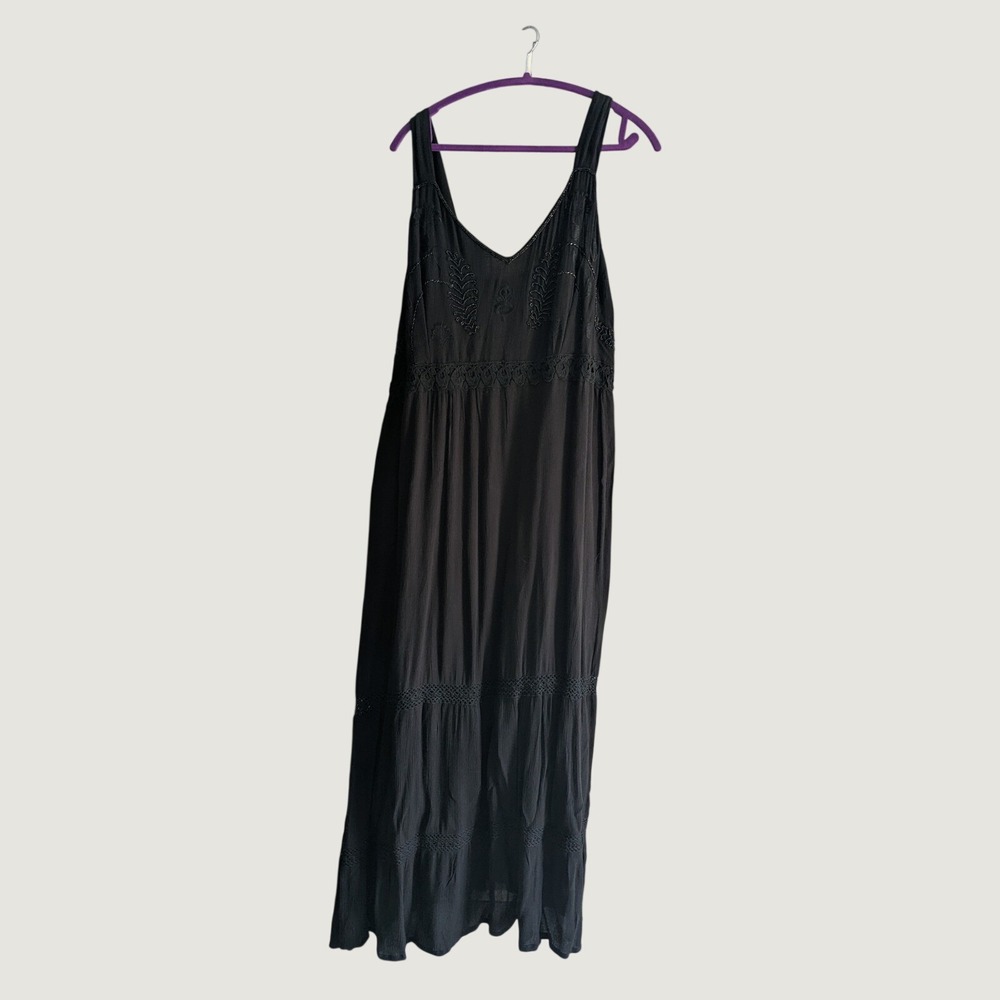 Magic Women Black Beaded Embroidered Boho Maxi Dress 2X NWT